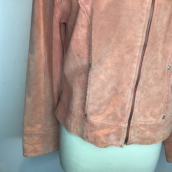 Vintage Y2K apricot suede moto style angled zipper lined scallop edge jacket L - Picture 2 of 14